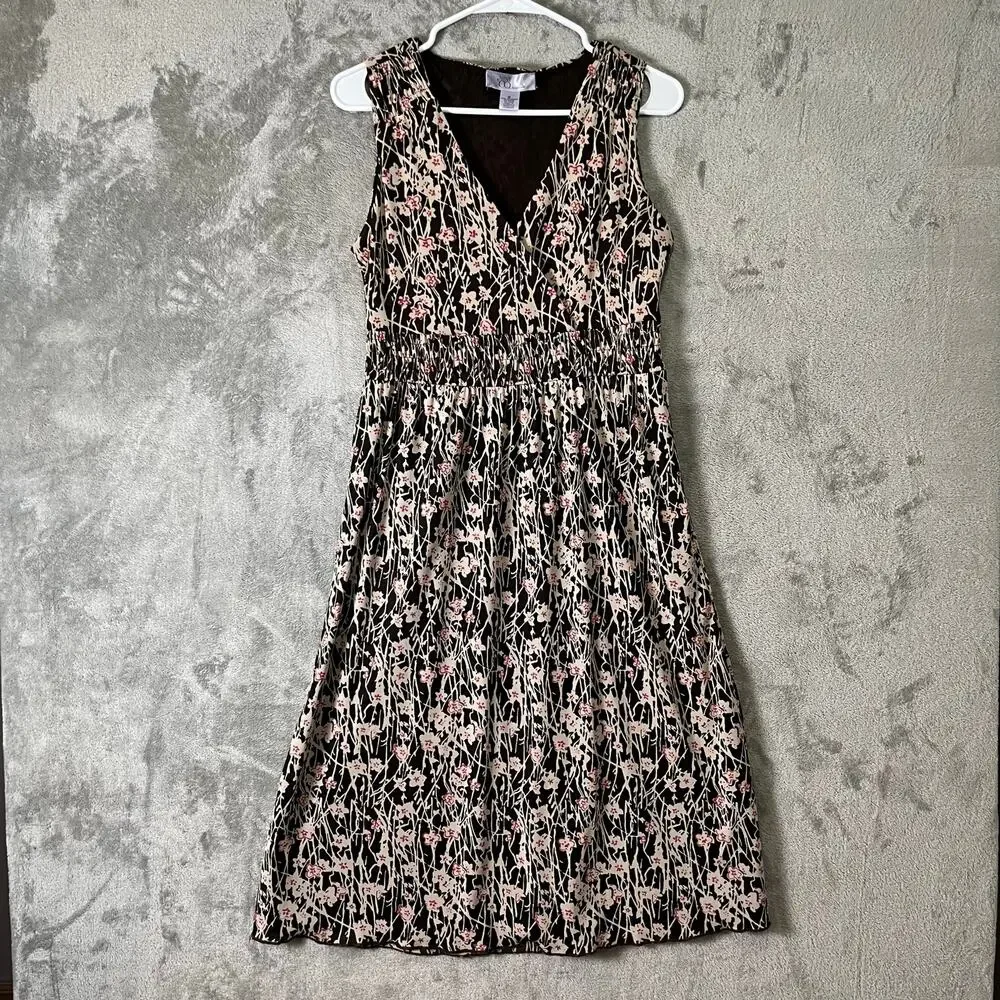 Vintage Brown Floral Midi Dress Earth Fairy Boho Cottagecore Sleeveless V-Neck S